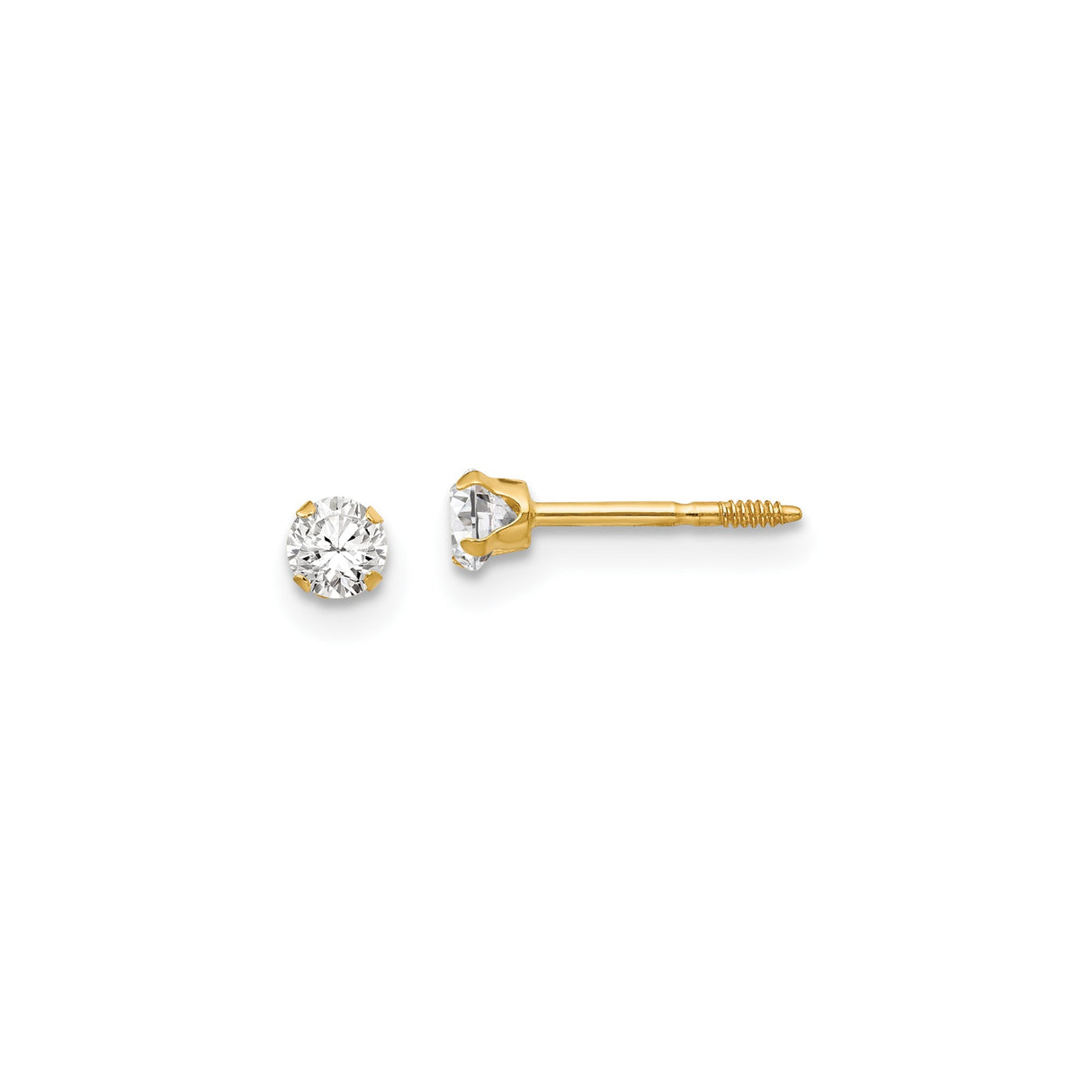 14k Yellow Gold Stud Earrings with Round Cut Cubic Zirconia, Solitaire Four Prong, Screw Back