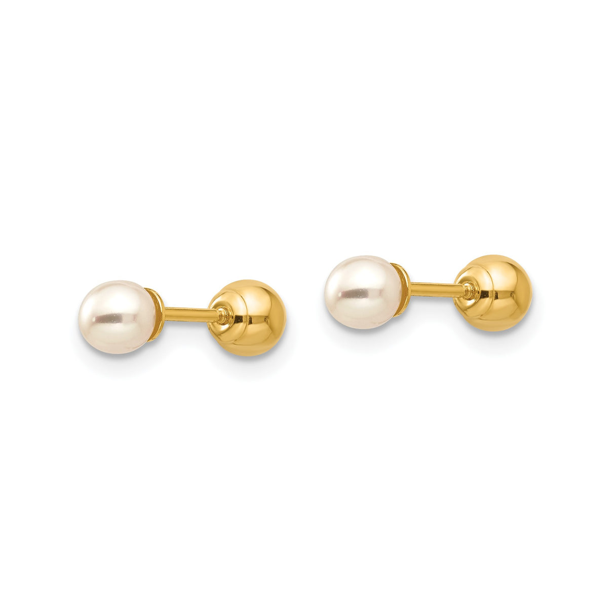 14k Yellow Gold Stud Earrings with Round White Cultured Pearls, Classic Minimalist Style