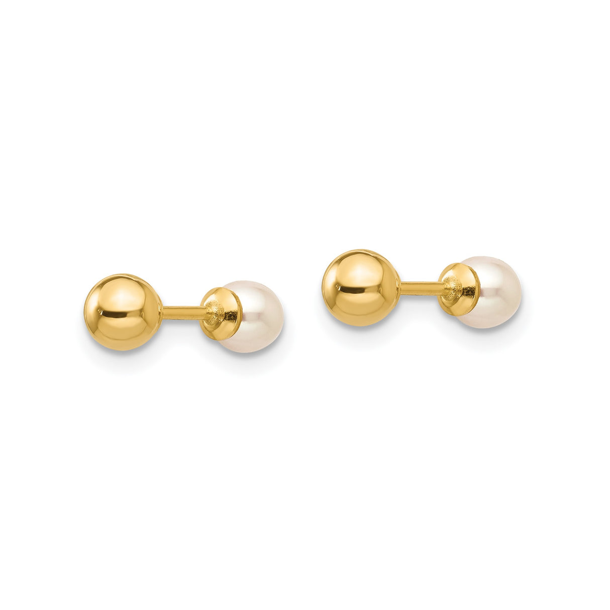 14k Yellow Gold Stud Earrings with Round White Cultured Pearls, Classic Minimalist Style