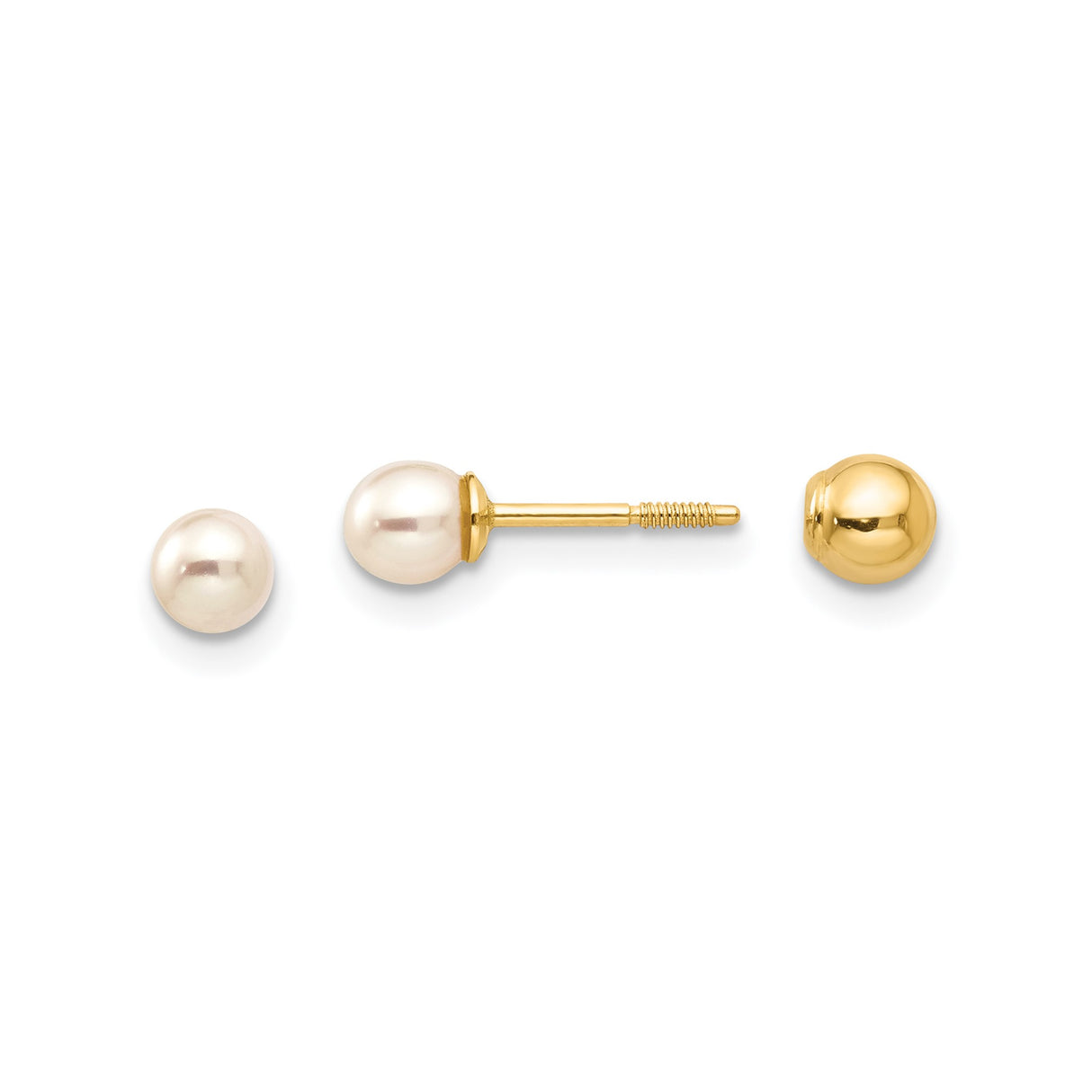 14k Yellow Gold Stud Earrings with Round White Cultured Pearls, Classic Minimalist Style
