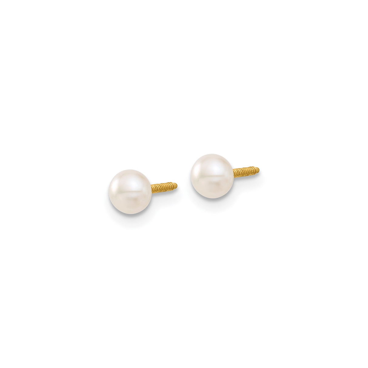 14k Yellow Gold Pearl Stud Earrings, Classic Round White Freshwater Pearls, Screw Back