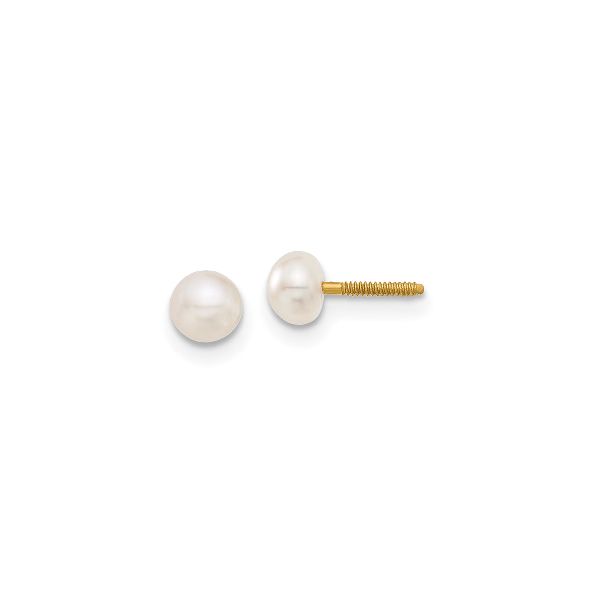 14k Yellow Gold Pearl Stud Earrings, Classic Round White Freshwater Pearls, Screw Back
