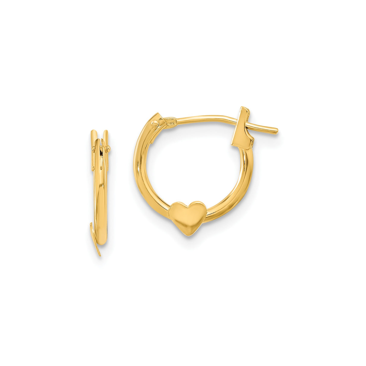 14k Yellow Gold Heart Hoop Earrings with Polished Charm, Lightweight Love-Inspired Design for Women
