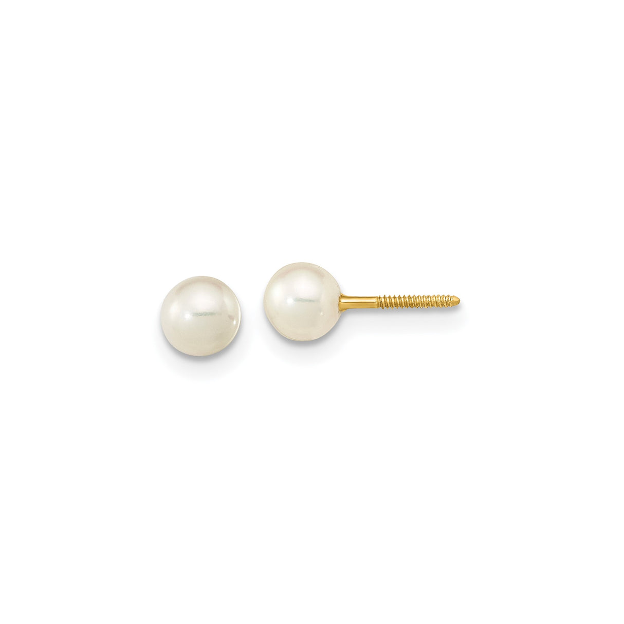 14k Yellow Gold Pearl Stud Earrings with White Cultured Pearls, Screw Back