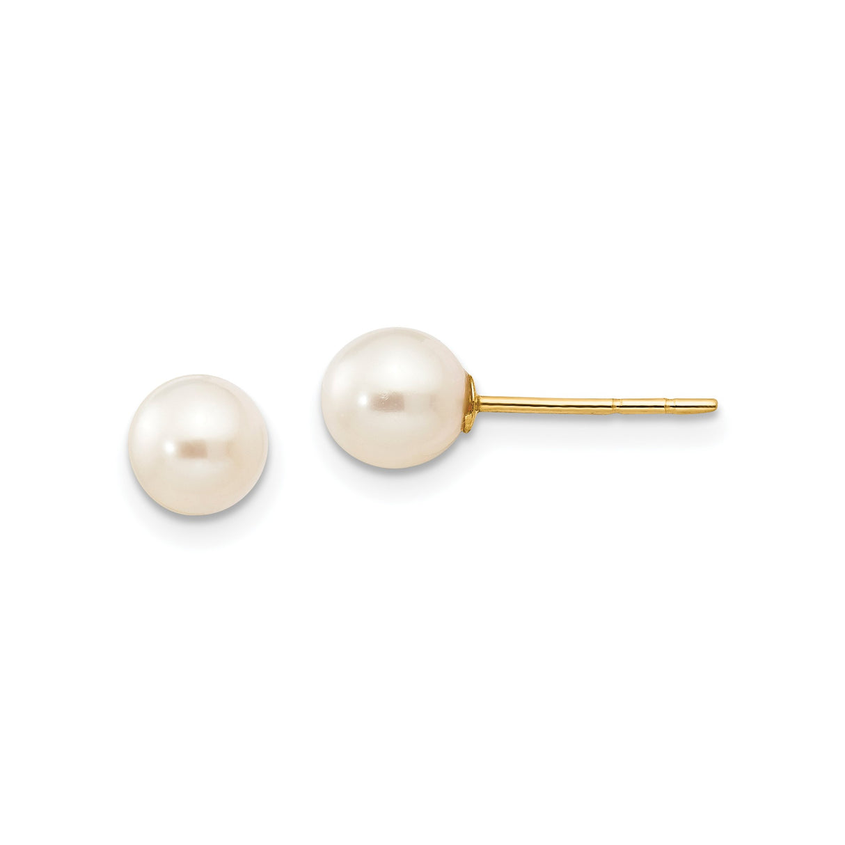 14k Yellow Gold Pearl Stud Earrings, Round White Cultured Pearl, Classic Minimalist Style