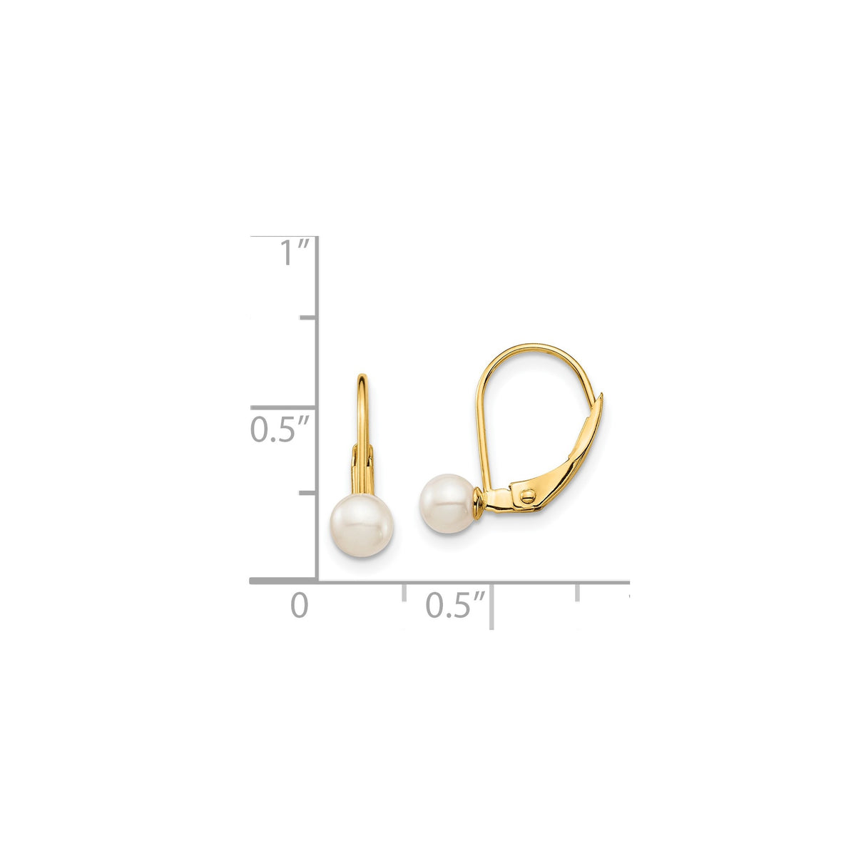 14k Yellow Gold Leverback Earrings with Round White Pearls, Classic Drop Design for Women