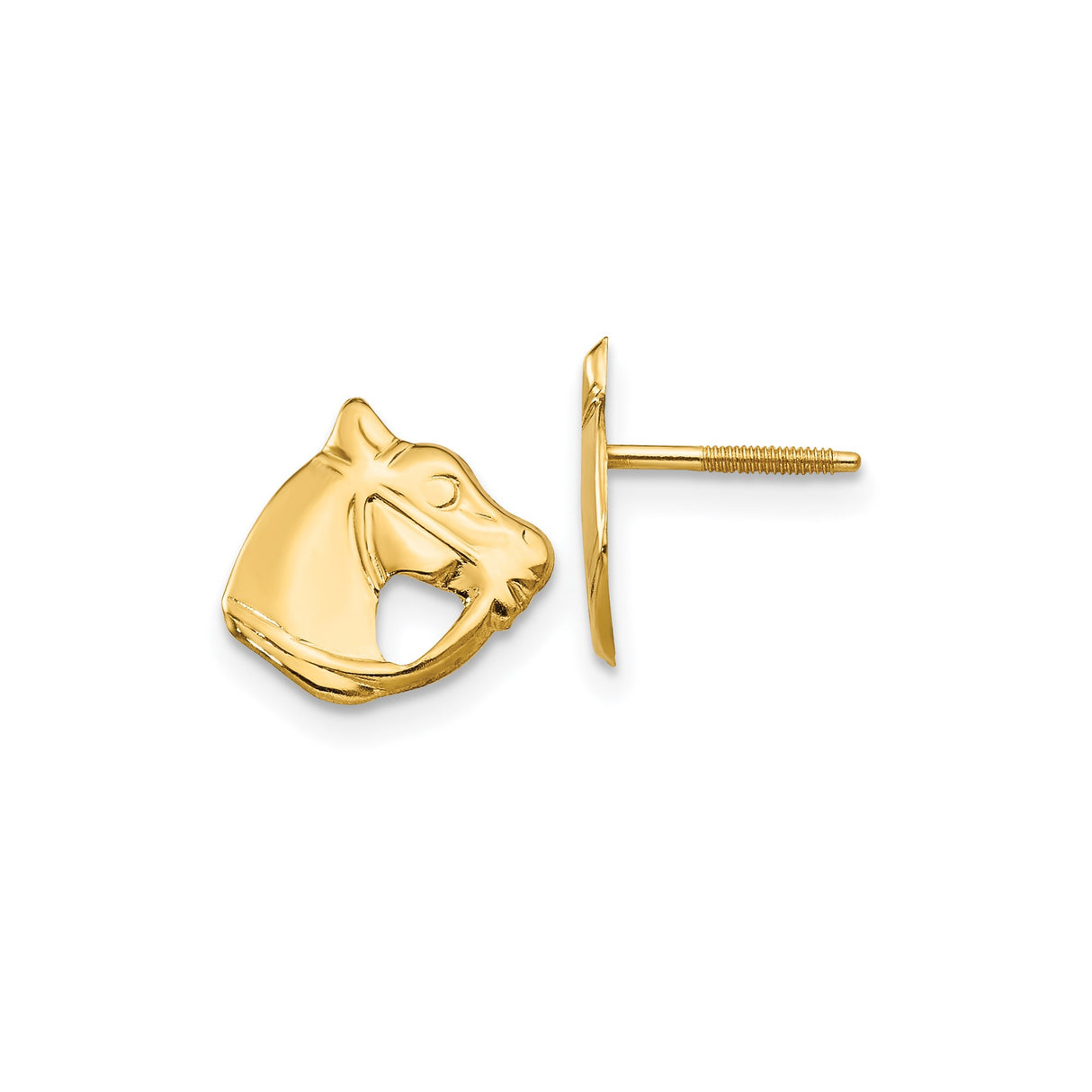 14k Yellow Gold Horse Head Stud Earrings, Equestrian Animal Design for Women