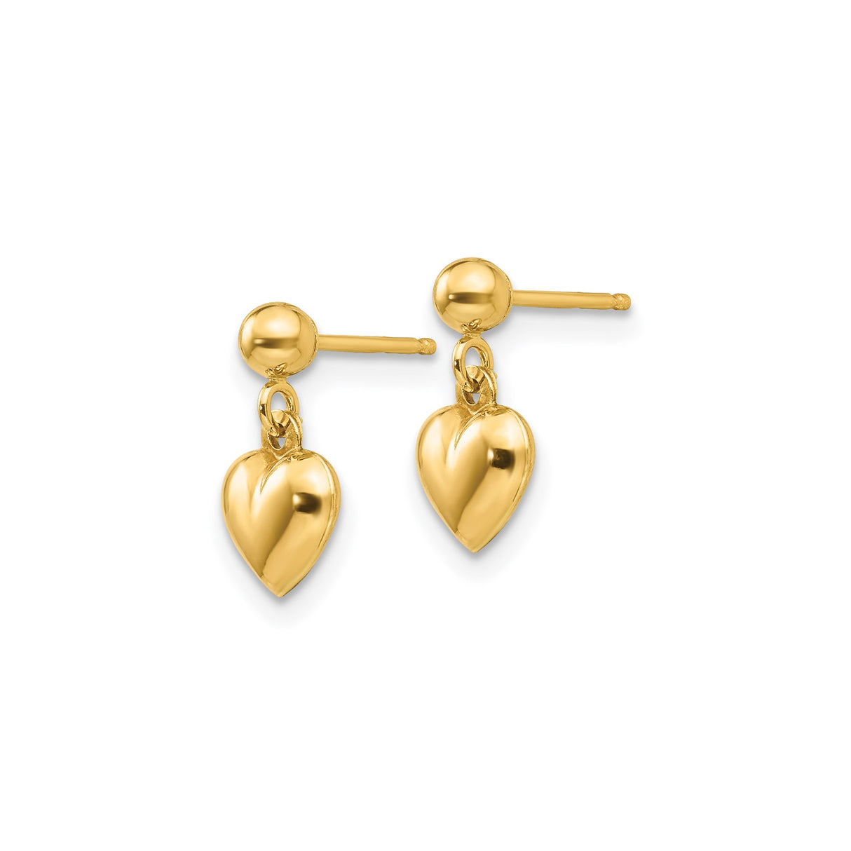 14k Yellow Gold Heart Dangle Stud Earrings with Polished Puffed Charm for Women