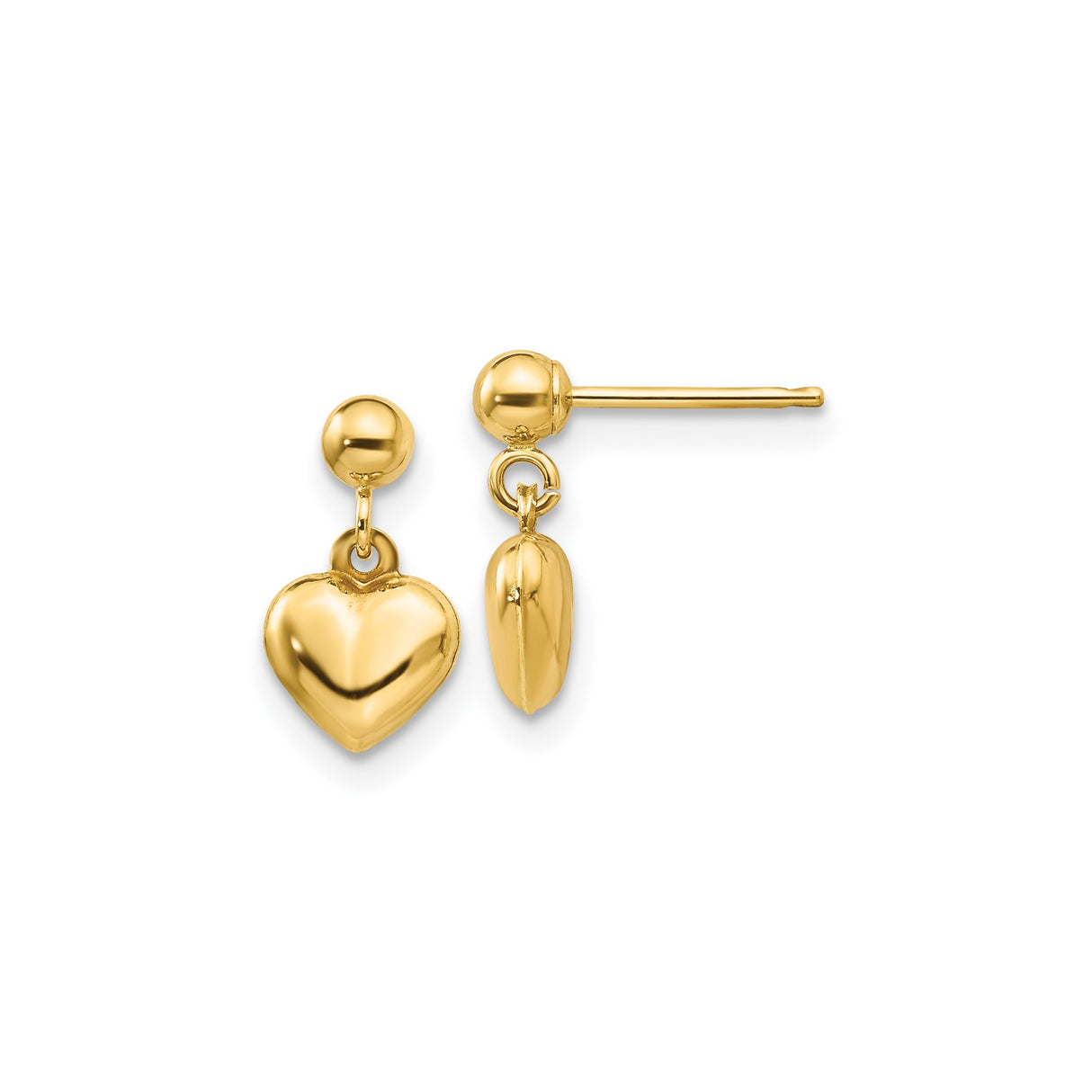 14k Yellow Gold Heart Dangle Stud Earrings with Polished Puffed Charm for Women
