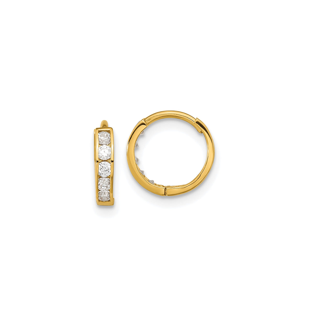14k Yellow Gold Huggie Hoop Earrings with Cubic Zirconia, Channel Set, Modern Design