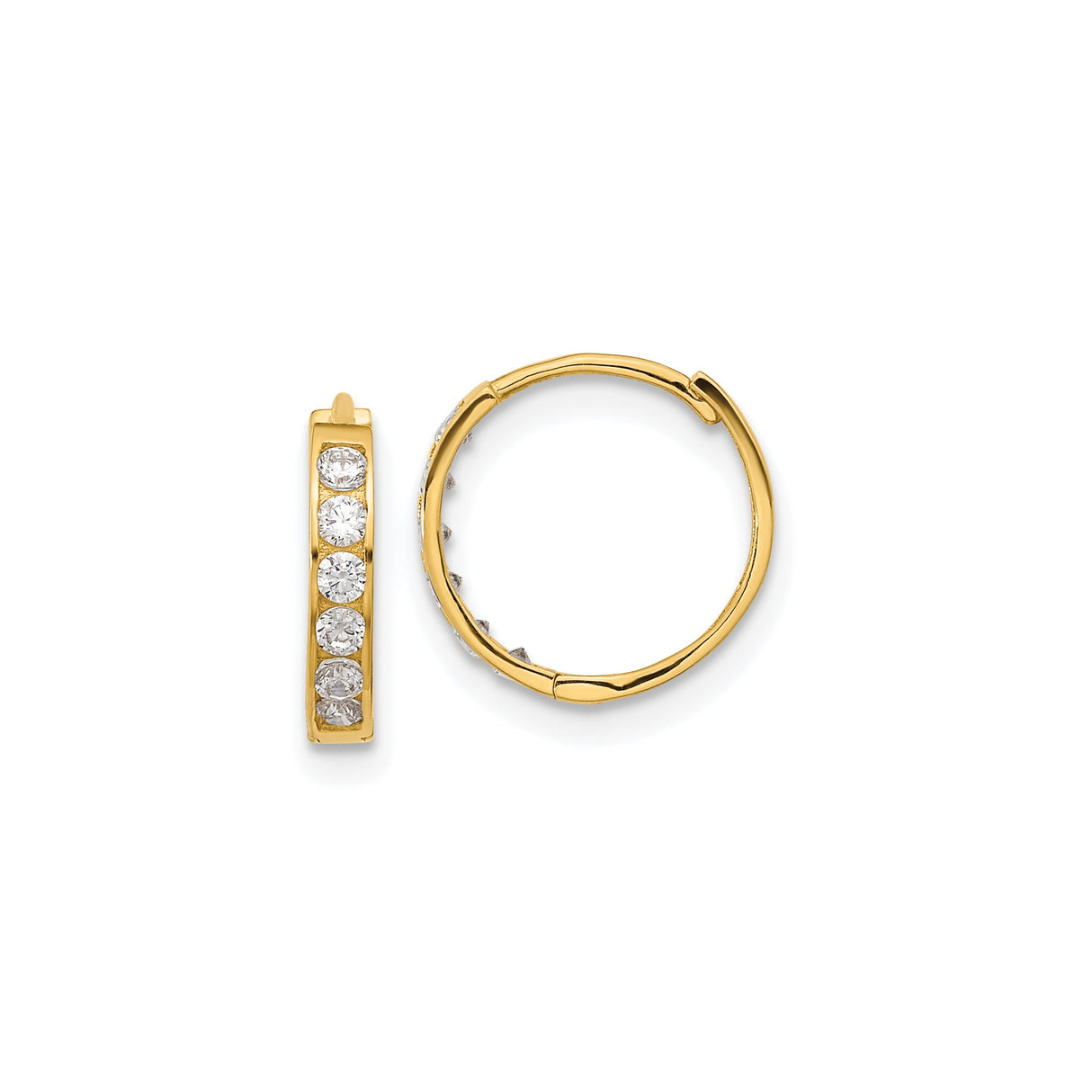 14k Yellow Gold Hoop Earrings with Channel Set Cubic Zirconia, Lightweight Classic Style for Women