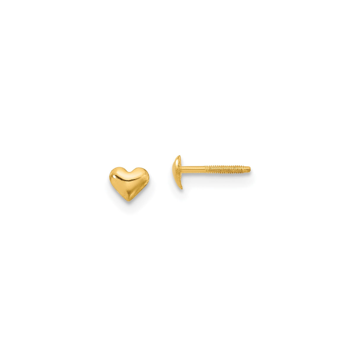 14k Yellow Gold Heart Stud Earrings with Screw Backs, Puffed Minimalist Design for Women or Girls