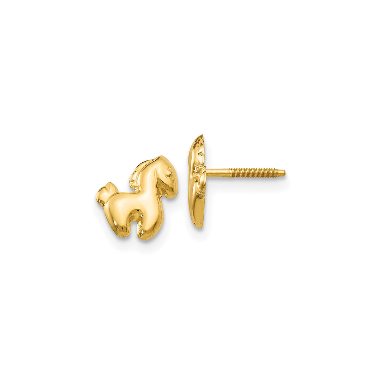 14k Yellow Gold Horse Stud Earrings, Pony Motif Screw Back Animal Jewelry for Girls and Women