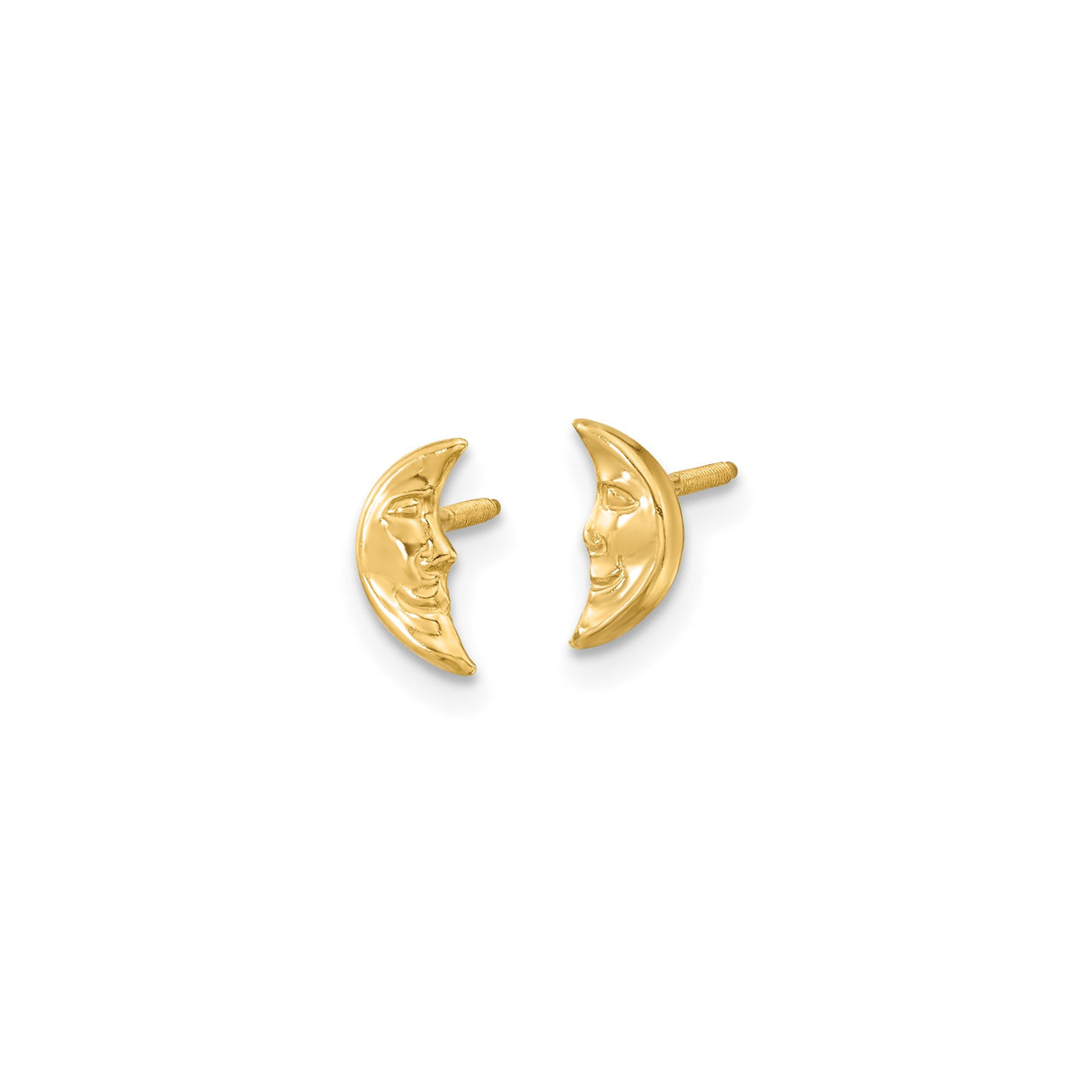 14k Yellow Gold Crescent Moon Face Stud Earrings, Celestial Lunar Design