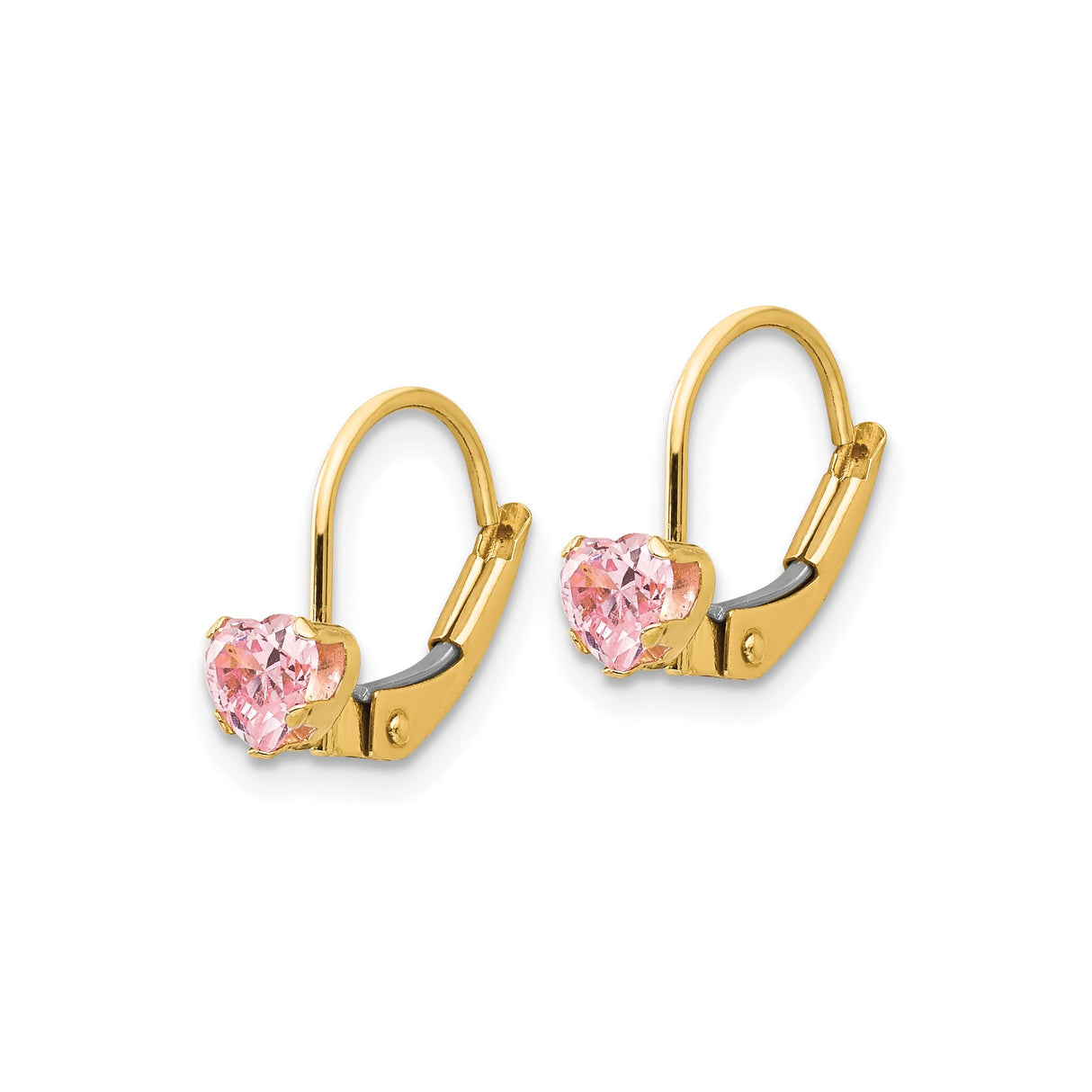 14k Yellow Gold Leverback Heart Earrings with Pink Cubic Zirconia for Women