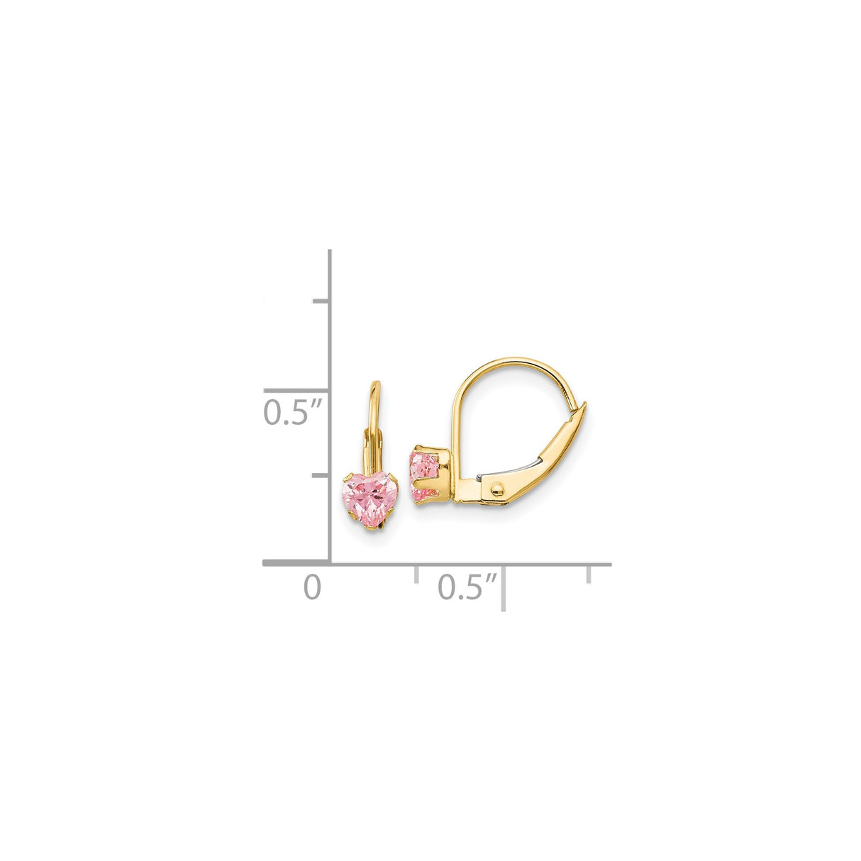 14k Yellow Gold Leverback Heart Earrings with Pink Cubic Zirconia for Women