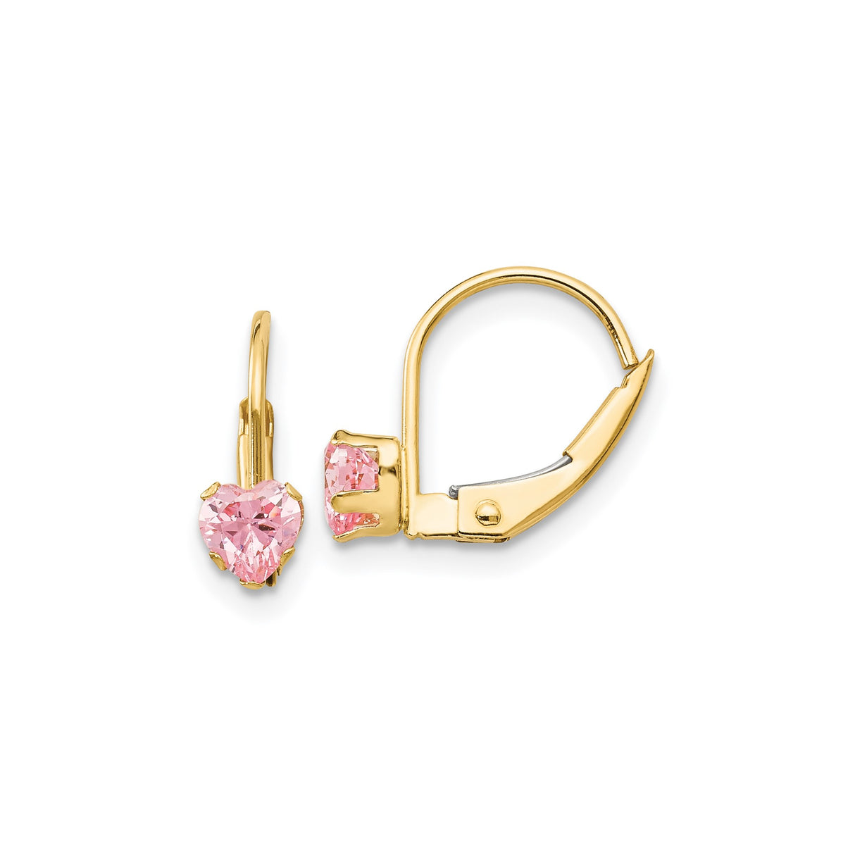 14k Yellow Gold Leverback Heart Earrings with Pink Cubic Zirconia for Women