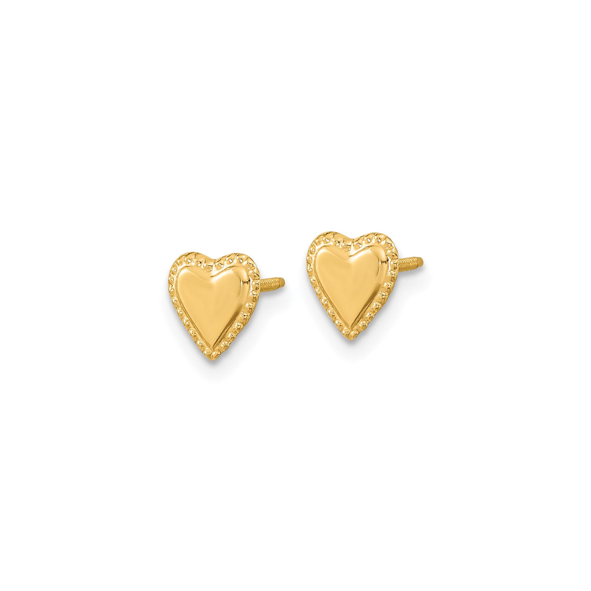 14k Yellow Gold Heart Stud Earrings with Textured Edging for Women