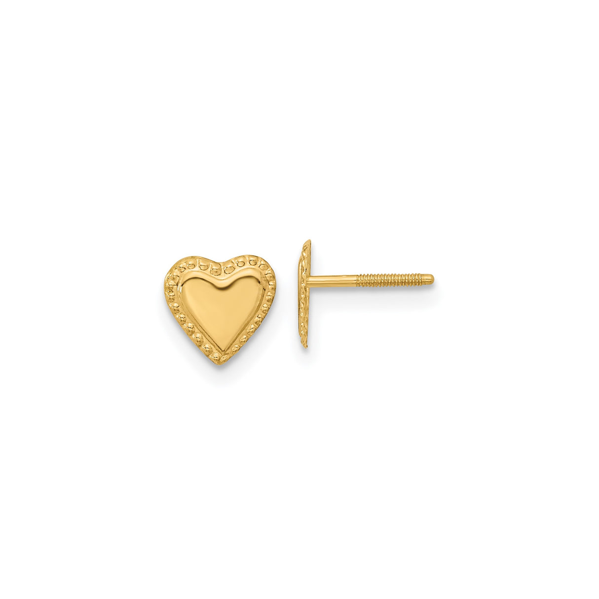 14k Yellow Gold Heart Stud Earrings with Textured Edging for Women