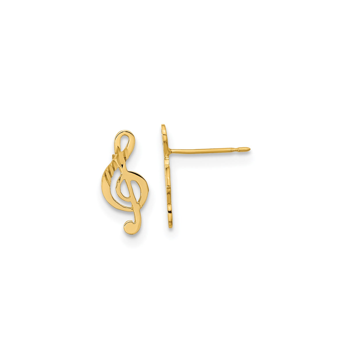 14k Yellow Gold Treble Clef Stud Earrings, Musical Note Design, Unisex Dainty Jewelry