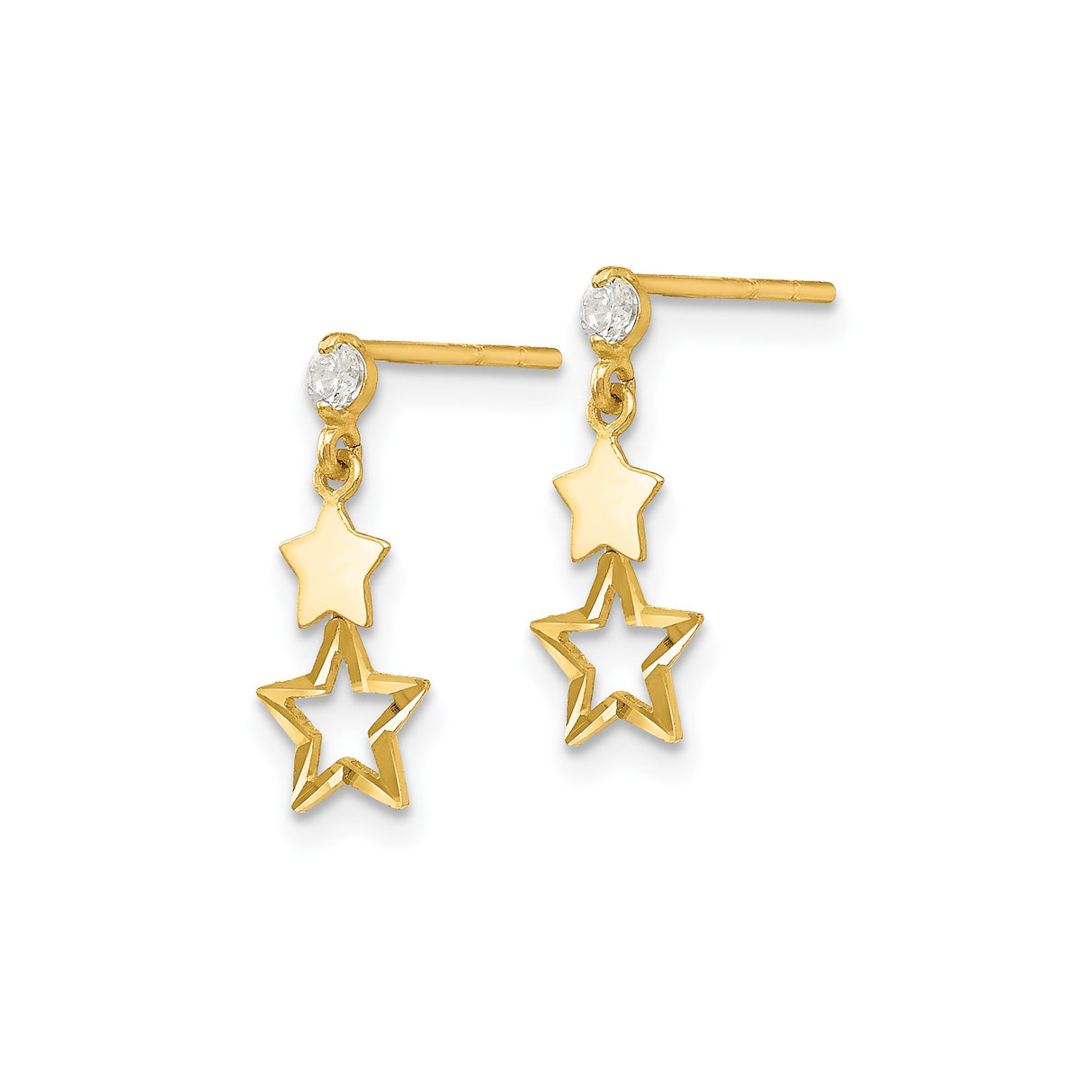 14k Yellow Gold Dangle Earrings with Cubic Zirconia, Solid and Open Star Charms, Celestial Style