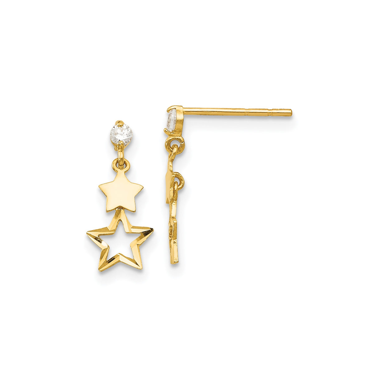 14k Yellow Gold Dangle Earrings with Cubic Zirconia, Solid and Open Star Charms, Celestial Style