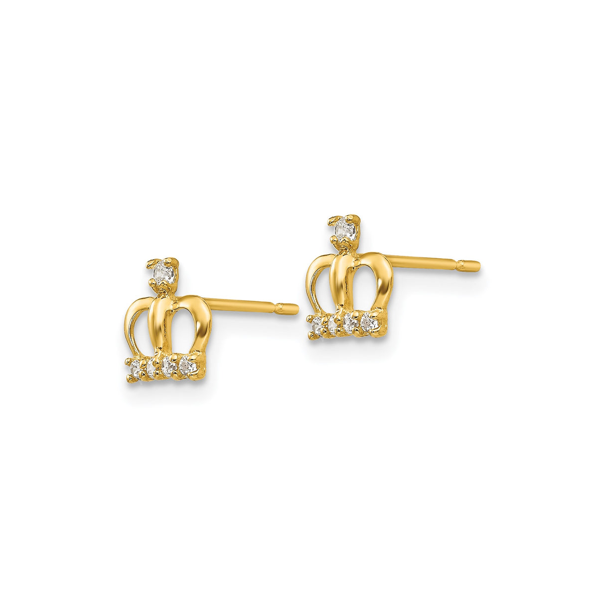 14k Yellow Gold Crown Stud Earrings with Cubic Zirconia, Dainty Royal Design for Women