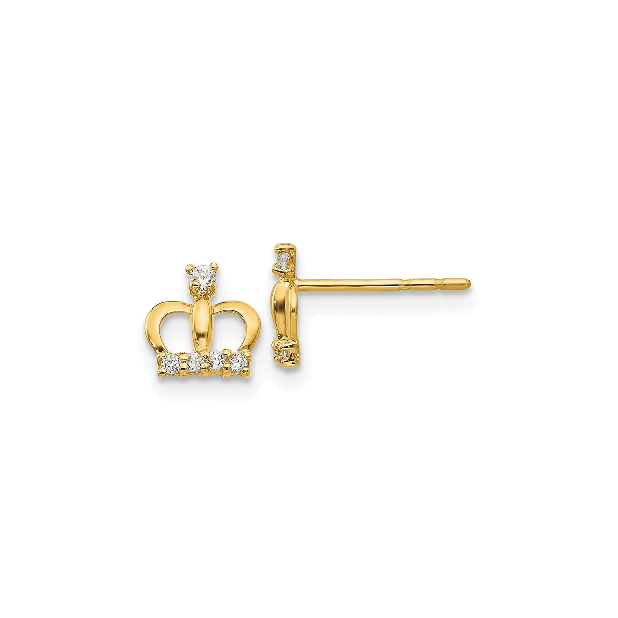 14k Yellow Gold Crown Stud Earrings with Cubic Zirconia, Dainty Royal Design for Women