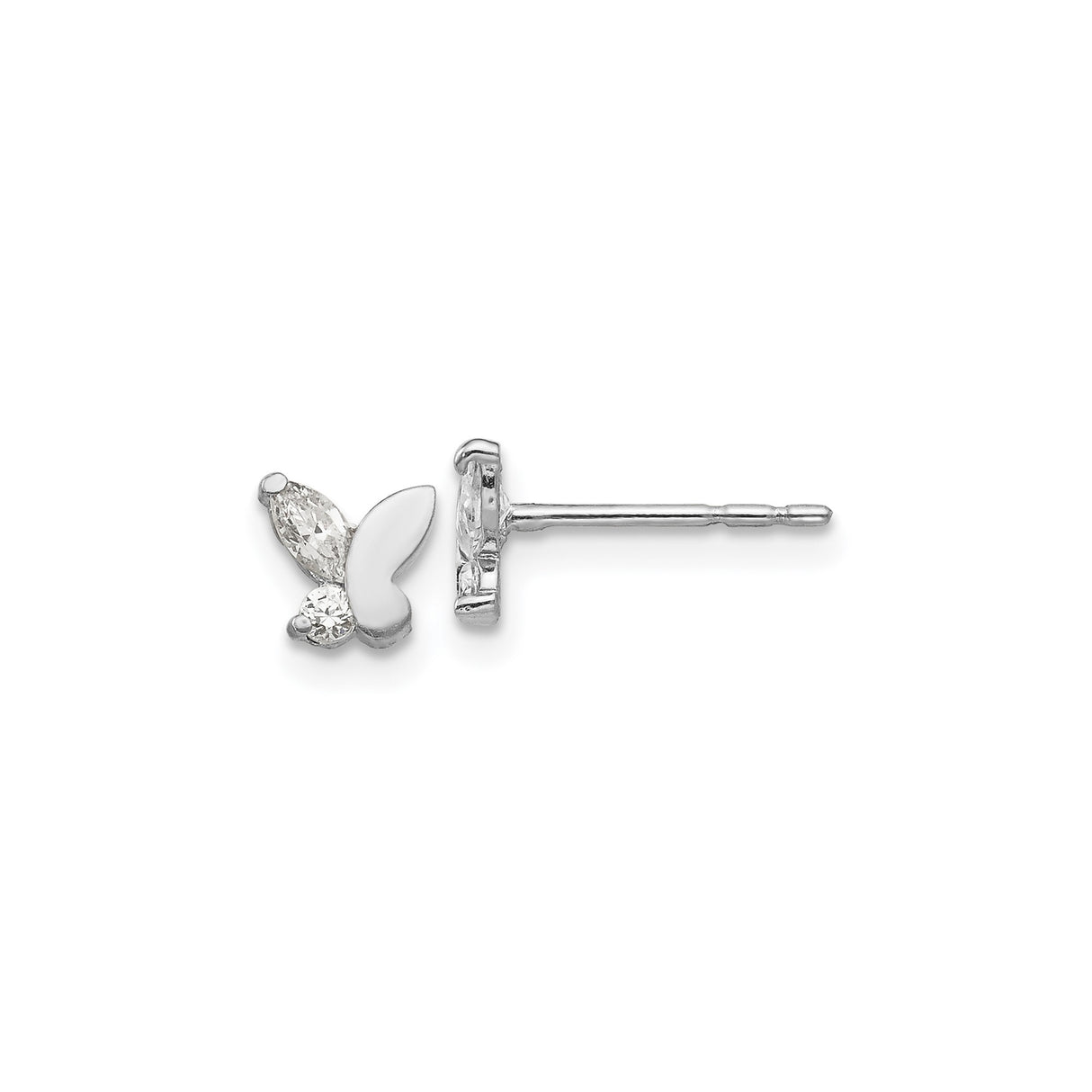14k White Gold Butterfly Stud Earrings with Cubic Zirconia and White Enamel