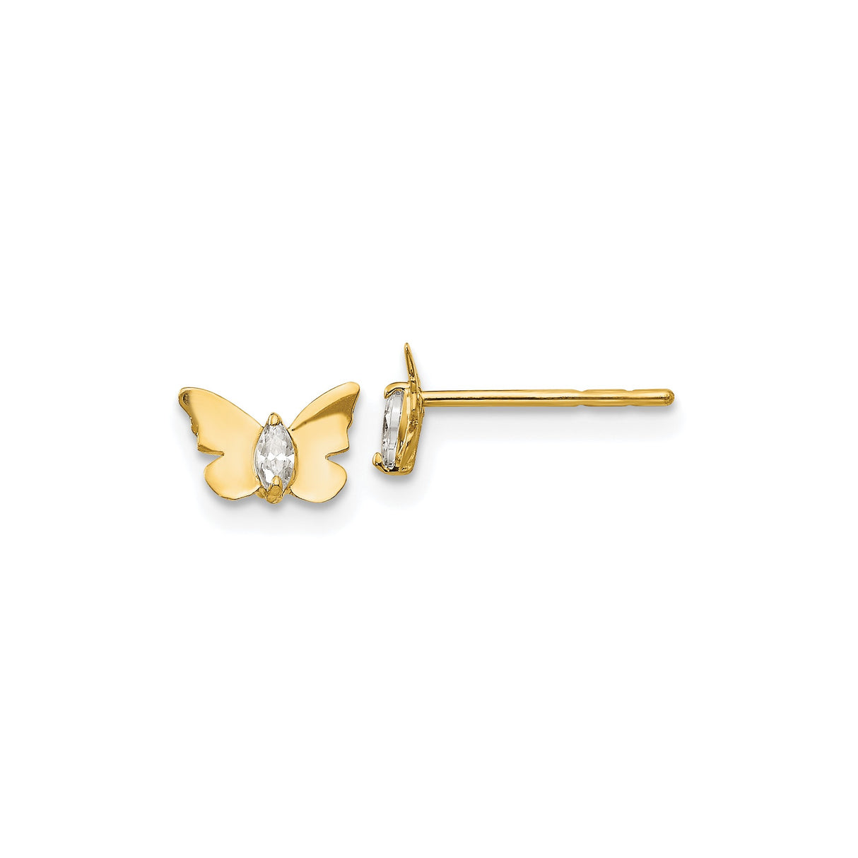 14k Yellow Gold Butterfly Stud Earrings with Marquise Cut Cubic Zirconia Centerpiece