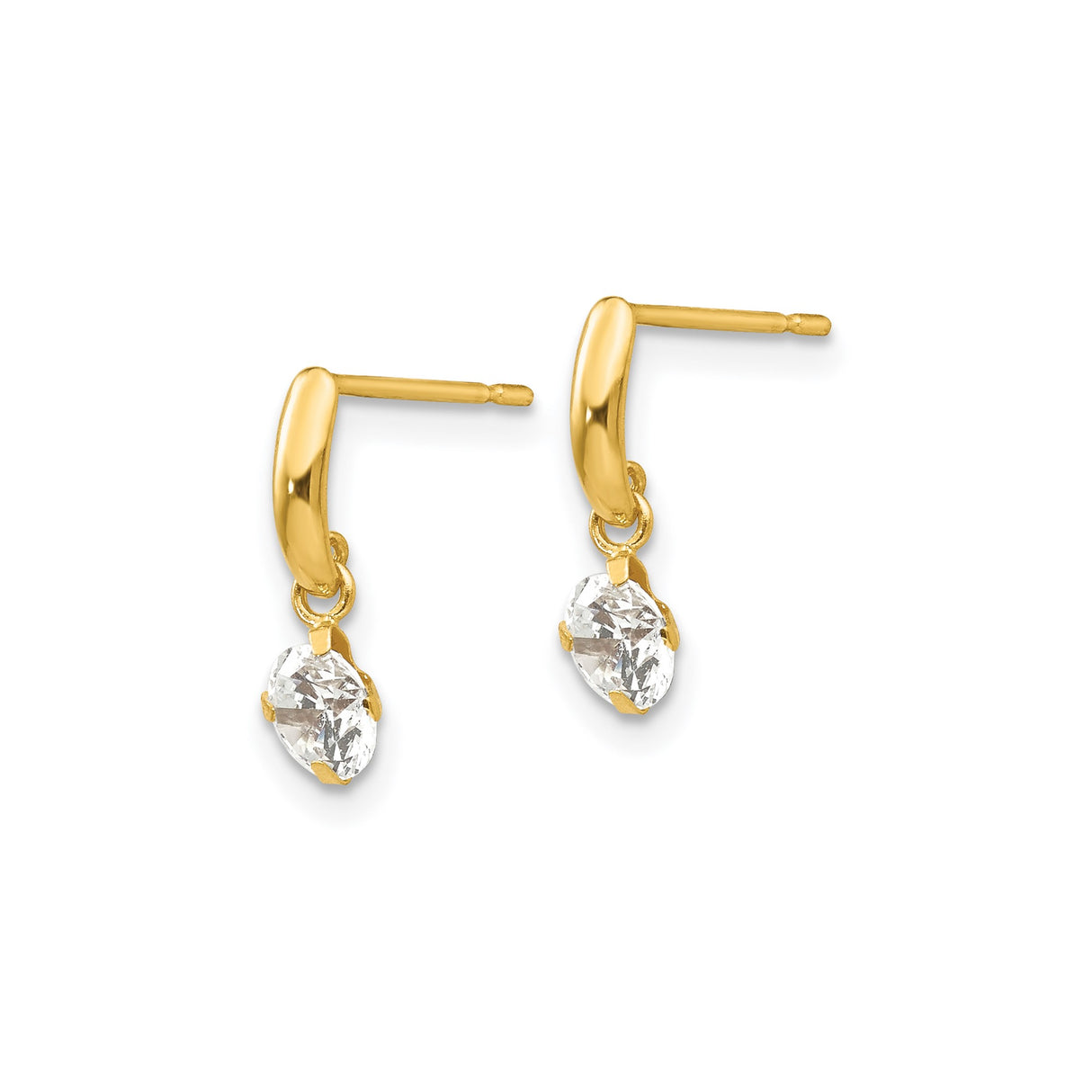 14k Yellow Gold Dangle Earrings with Round Cut Cubic Zirconia, Minimalist Drop Studs for Women