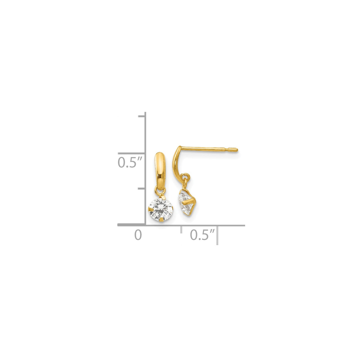14k Yellow Gold Dangle Earrings with Round Cut Cubic Zirconia, Minimalist Drop Studs for Women
