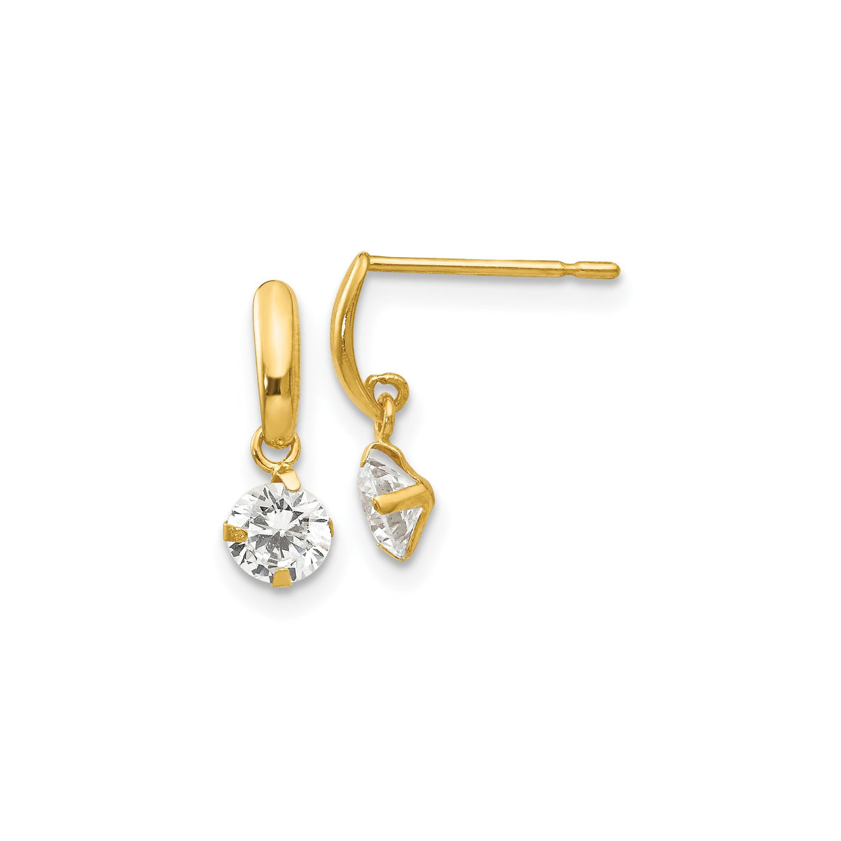 14k Yellow Gold Dangle Earrings with Round Cut Cubic Zirconia, Minimalist Drop Studs for Women