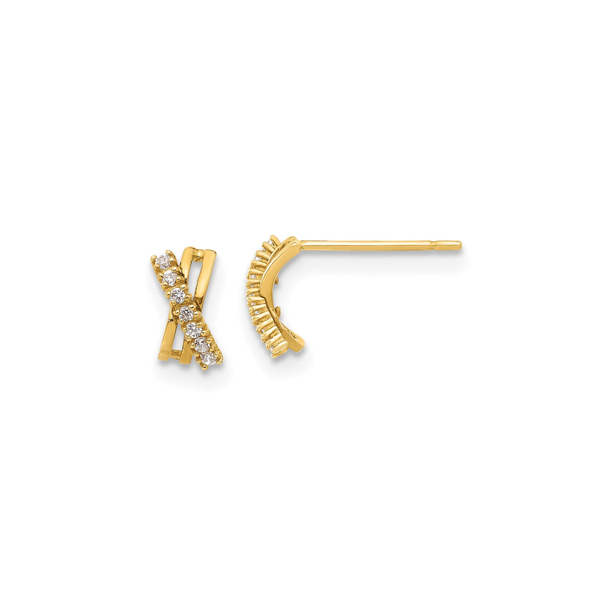14k Yellow Gold Stud Earrings with Cubic Zirconia, Crisscross X Design