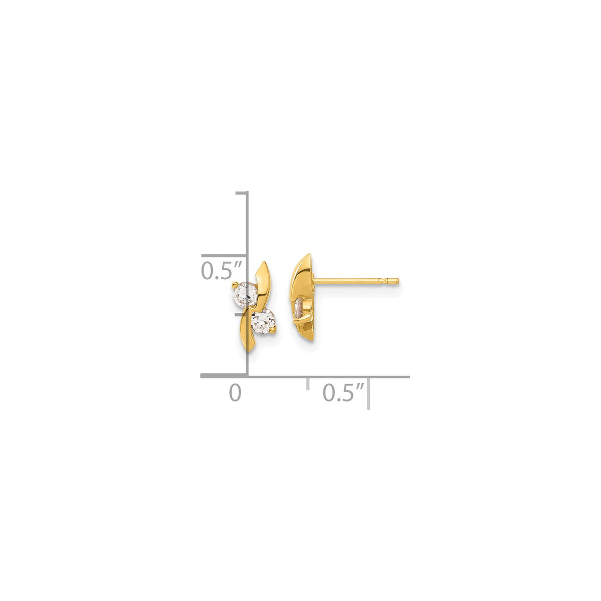 14k Yellow Gold Stud Earrings with Cubic Zirconia, Modern Curved Minimalist Design for Women