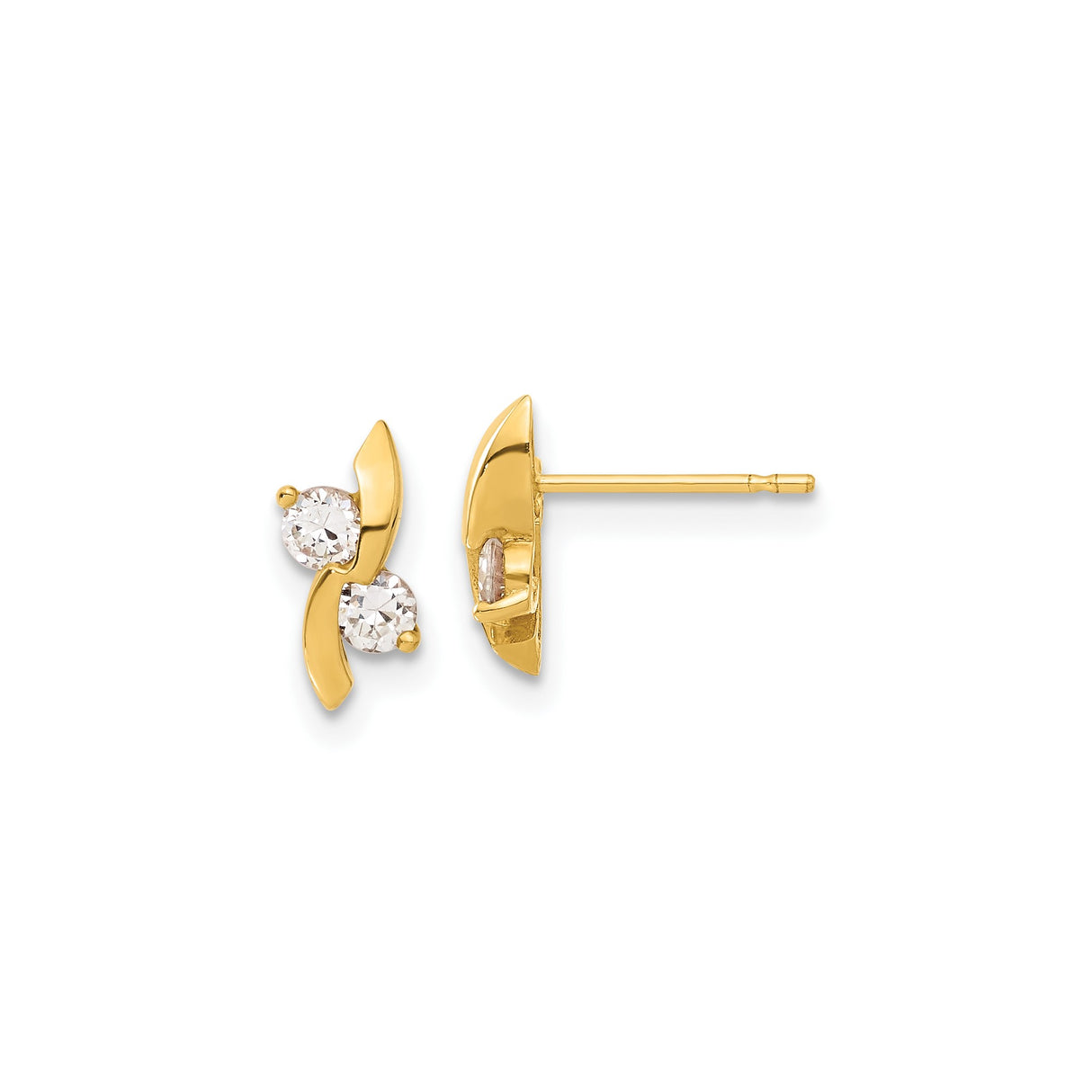 14k Yellow Gold Stud Earrings with Cubic Zirconia, Modern Curved Minimalist Design for Women