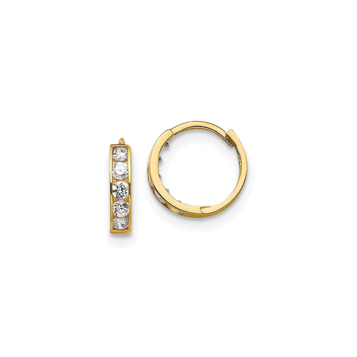 14k Yellow Gold Hoop Earrings with Channel Set Cubic Zirconia, Polished Lightweight Design