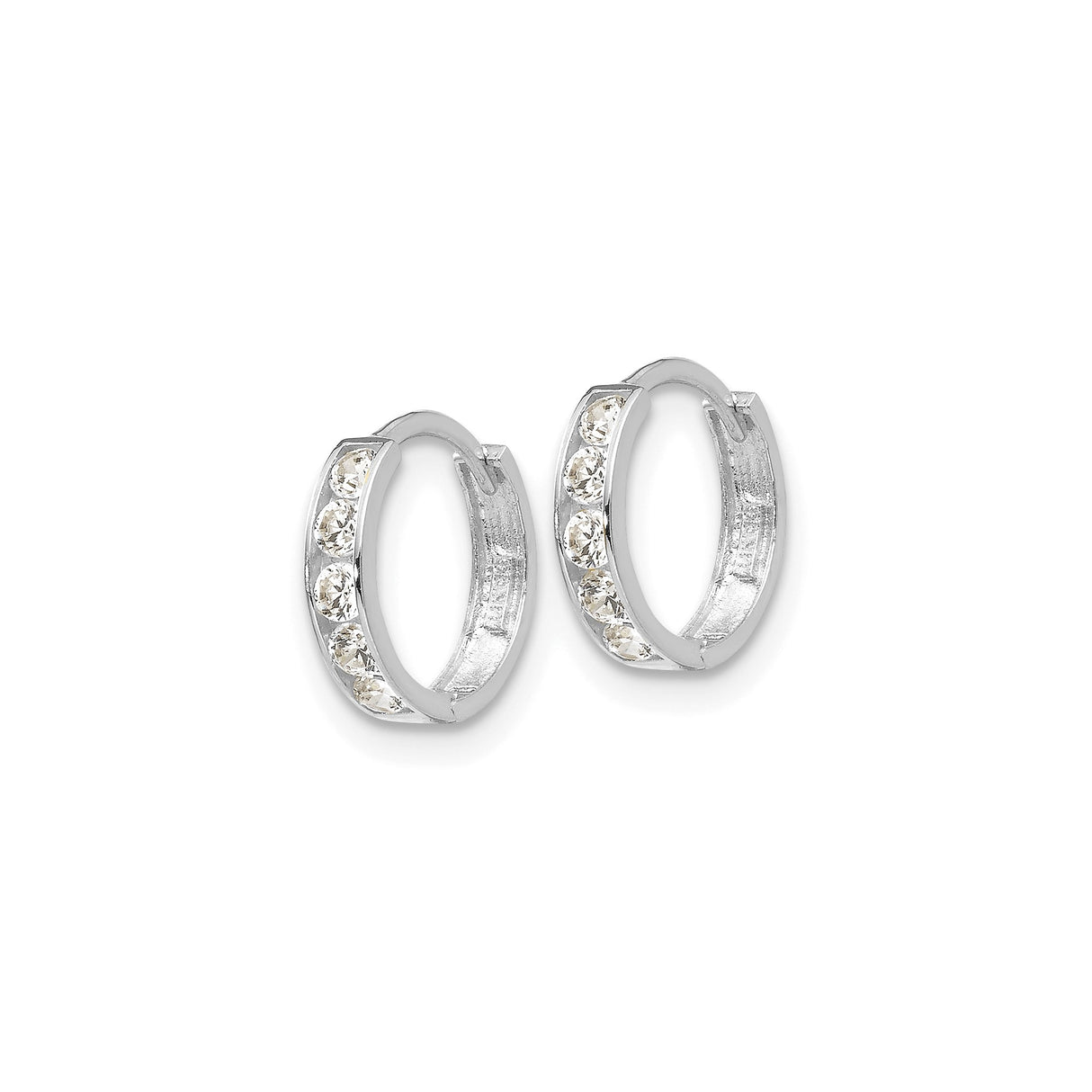 14k White Gold Diamond Hoop Earrings, Channel Set Round Cut, Huggie Style for Women