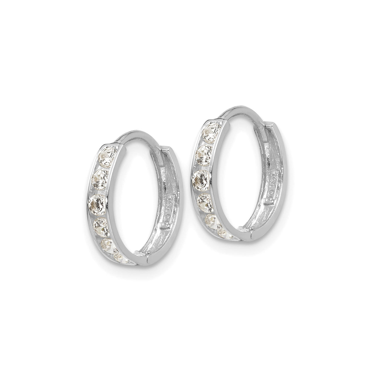 14k White Gold Hoop Earrings with Round Cut Cubic Zirconia in Channel Setting, Huggie Style