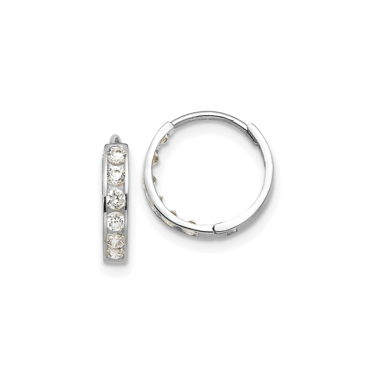 14k White Gold Hoop Earrings with Round Cut Cubic Zirconia in Channel Setting, Huggie Style