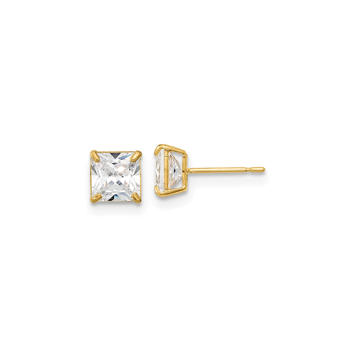 14k Yellow Gold Stud Earrings with Princess Cut Cubic Zirconia, Four Prong Basket Setting