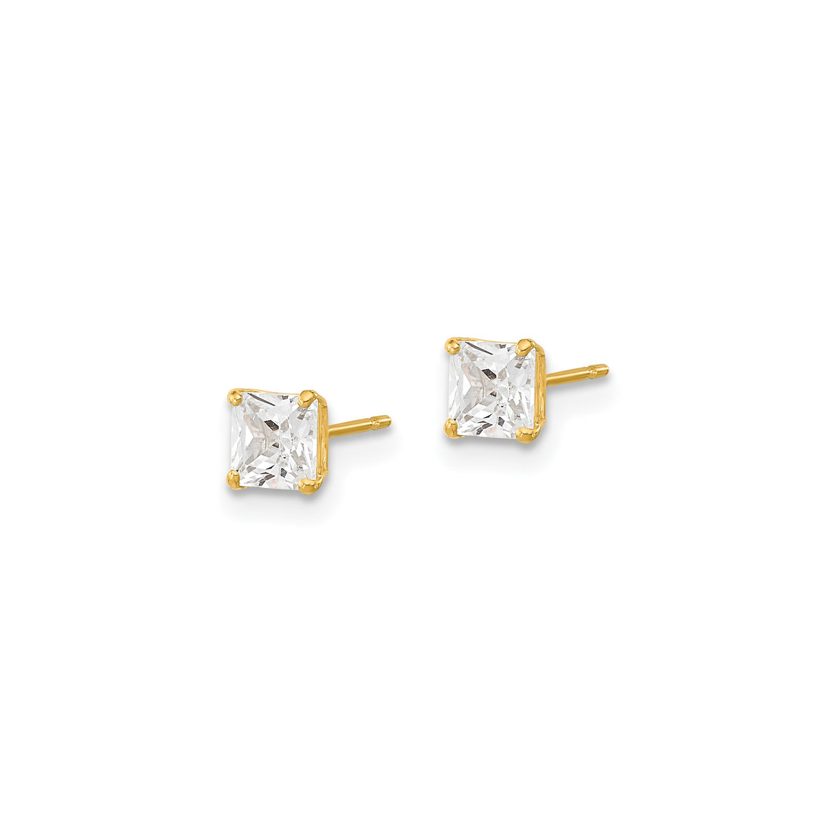 14k Yellow Gold Princess Cut Stud Earrings with Clear Cubic Zirconia, Basket Set Design
