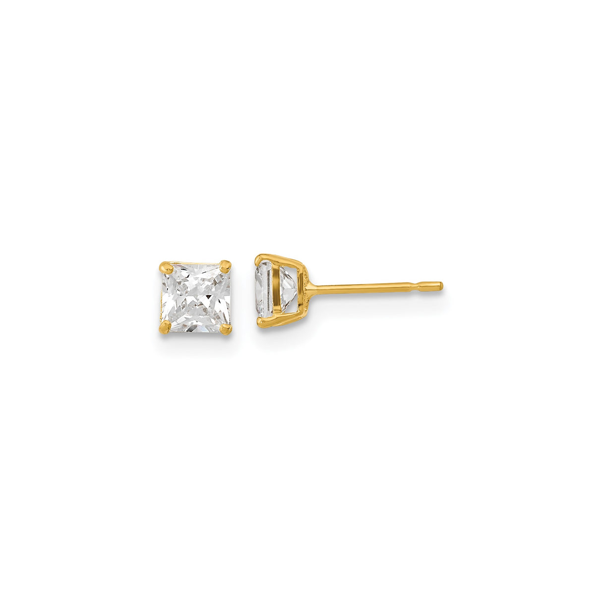 14k Yellow Gold Princess Cut Stud Earrings with Clear Cubic Zirconia, Basket Set Design