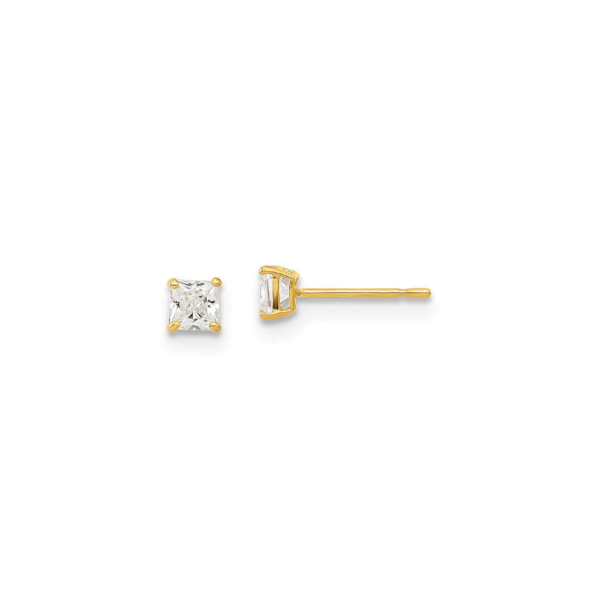 14k Yellow Gold Princess Cut Stud Earrings with Cubic Zirconia, Classic Four Prong Setting