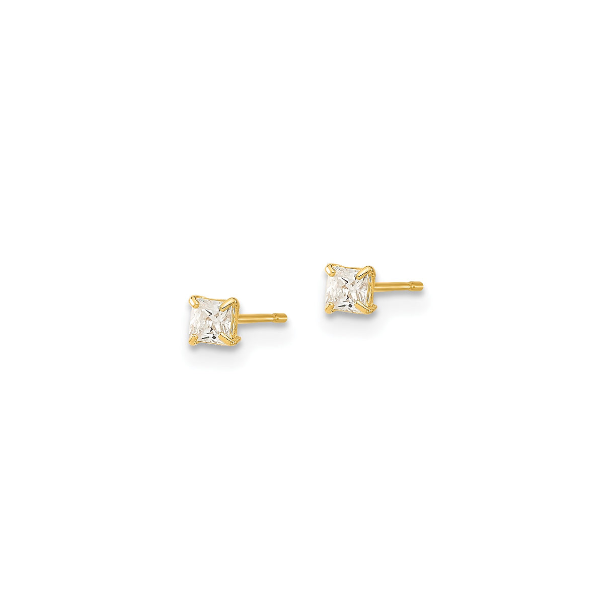 14k Yellow Gold Stud Earrings with Square Princess Cut Cubic Zirconia, Minimalist Style