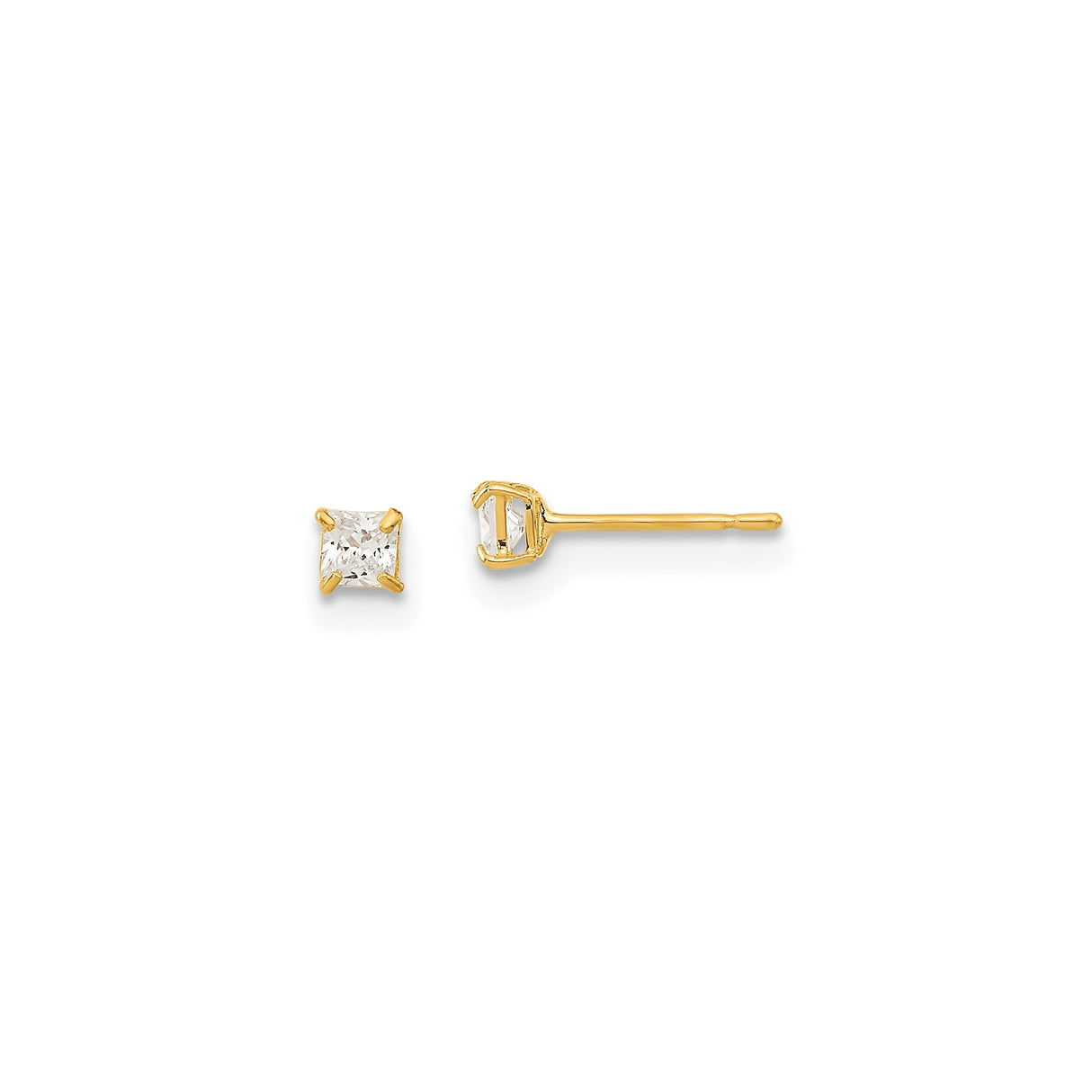 14k Yellow Gold Stud Earrings with Square Princess Cut Cubic Zirconia, Minimalist Style