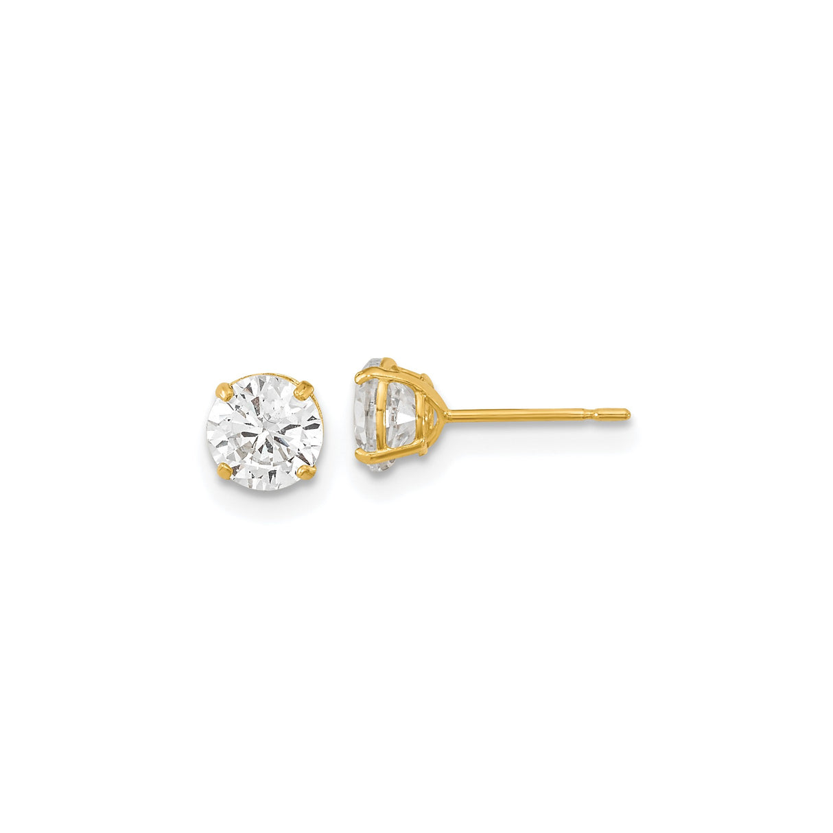 14k Yellow Gold Solitaire Stud Earrings with Round Cubic Zirconia, Classic Four-Prong Setting