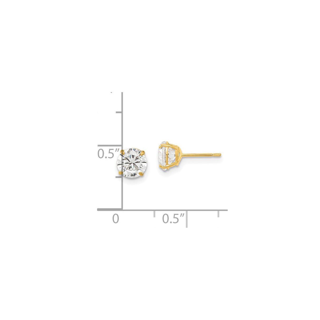 14k Yellow Gold Stud Earrings with Round Cubic Zirconia, Solitaire Four Prong Setting, Minimalist Design