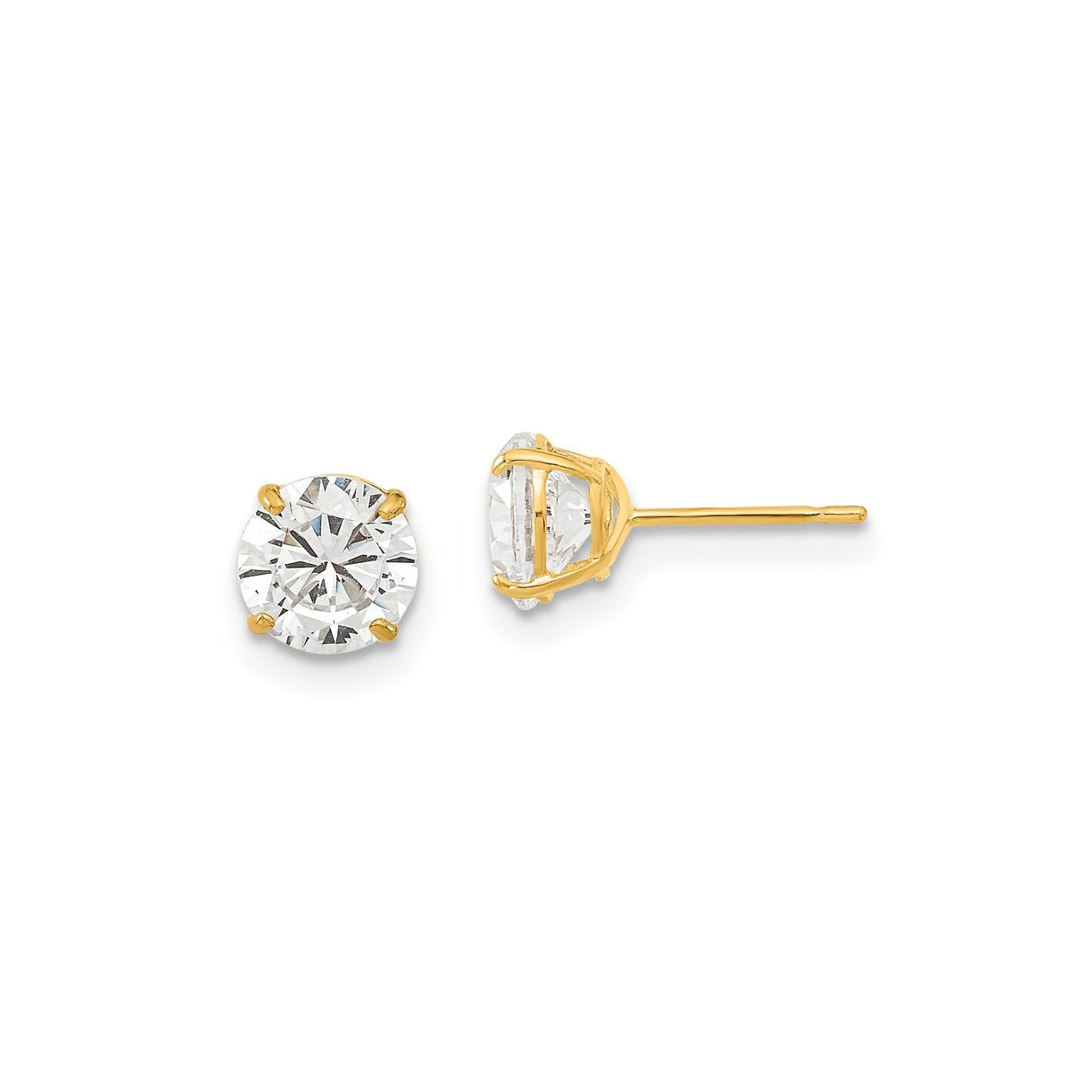 14k Yellow Gold Stud Earrings with Round Cubic Zirconia, Solitaire Four Prong Setting, Minimalist Design