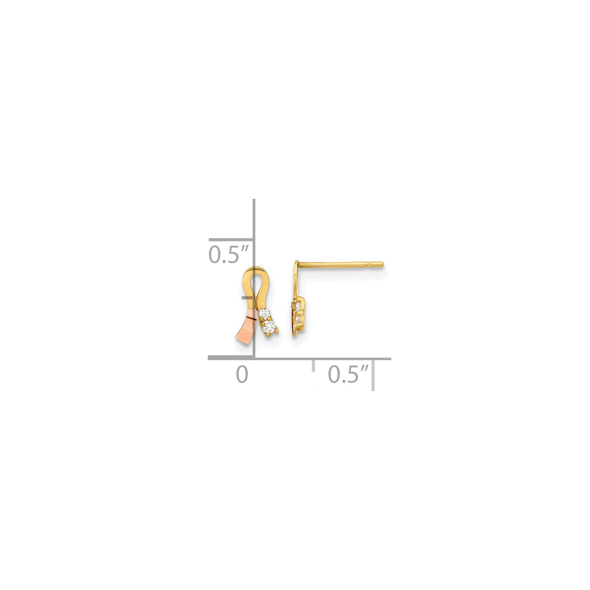 14k Two-Tone Yellow Gold Ribbon Stud Earrings with Cubic Zirconia, Cancer Awareness Design